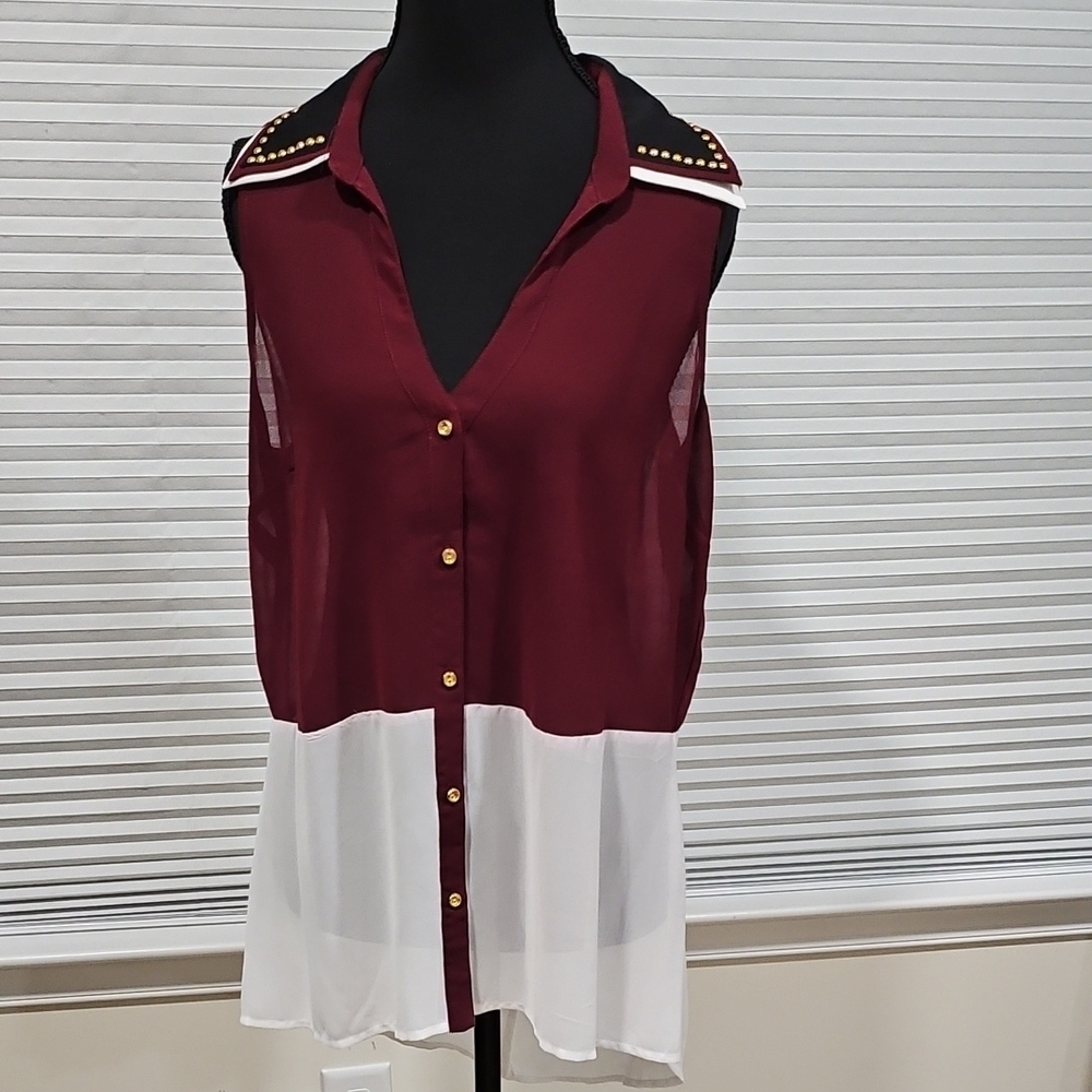 Red and White Sleeveless Asymmetrical Blouse